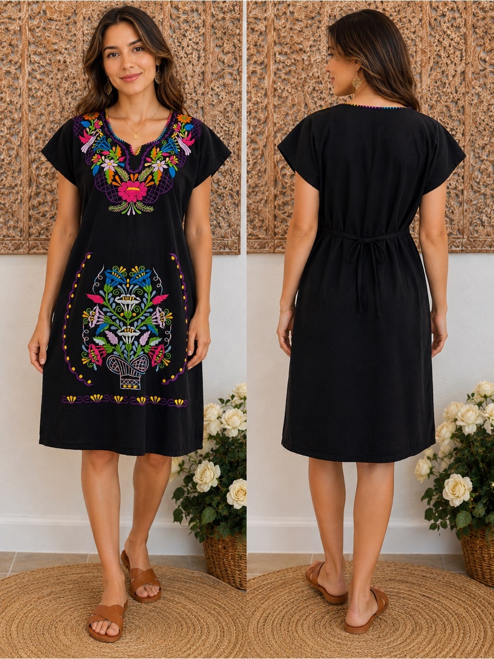 Mexican Embroidered Floral Traditional Folk Art Cotton Dress w/ Tie